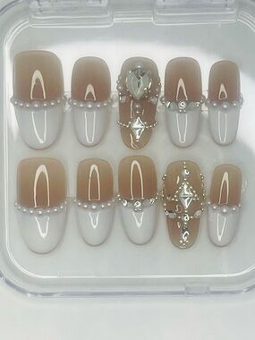 Nude & White Pearl Accent Press-On Nails